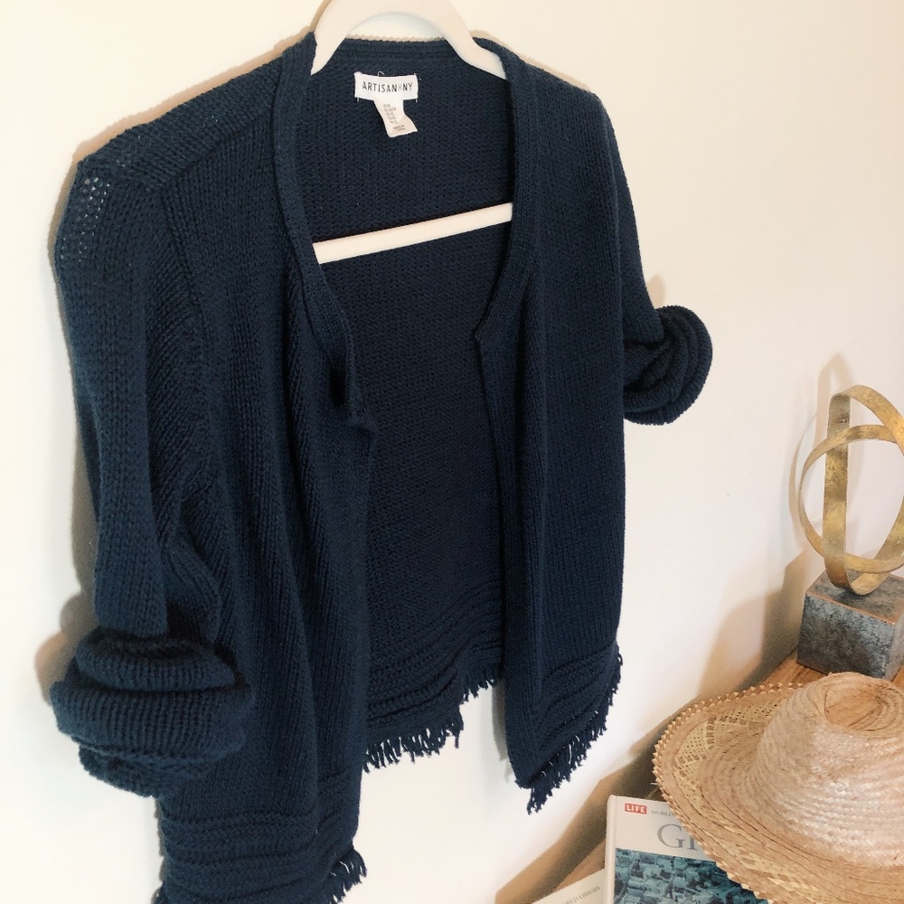 Navy Artisan NY Cropped Cardi with Fringe